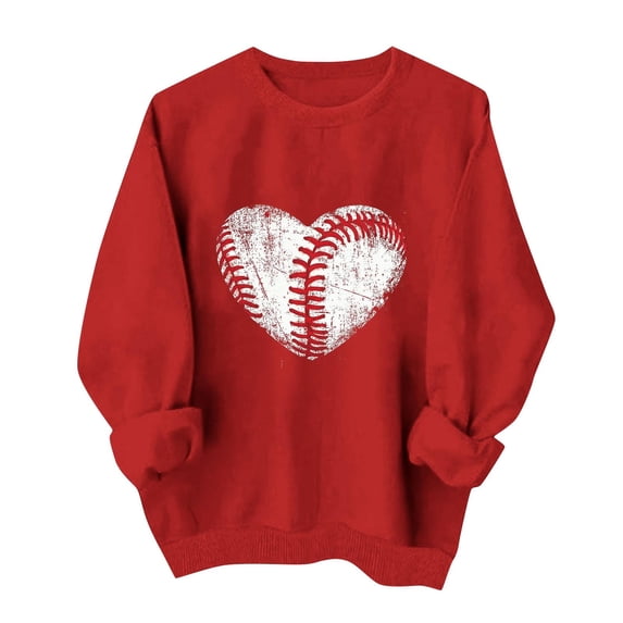 Gamivast Graphic Sweatshirts for Women Game Day Glitter Heart Baseball Stitching Print Crew Neck Long Sleeve Pullover Tops Casual Athletic Wear