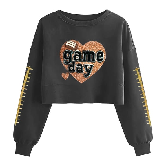 Gamivast Graphic Sweatshirts for Women Game Day Glitter Heart Football Crew Neck Long Sleeve Cropped Sweatshirts Pullover Tops Athletic Party Outfits