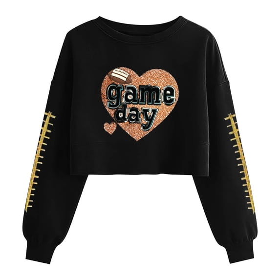Gamivast Graphic Sweatshirts for Women Game Day Glitter Heart Football Crew Neck Long Sleeve Cropped Sweatshirts Pullover Tops Athletic Party Outfits