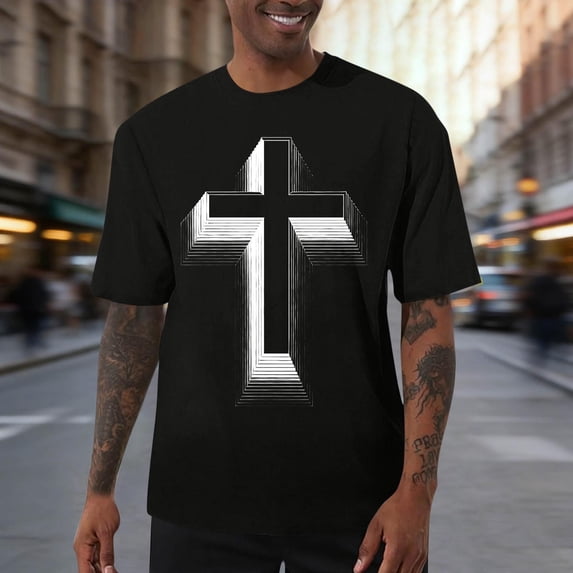 Gamivast Graphic T Shirts for Men Stretch Crew Neck Tee Shirts Muscle Fit Short Sleeve Shirts 3D Cross Optical Print Christian Top