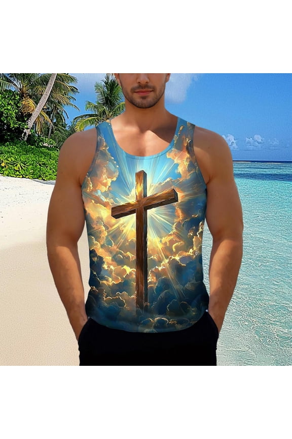 Gym Shirts Wooden Cross Holy Light Graphic Mens Sleeveless Shirts Crew Neck Workout Shirts Breathable Soft Stretchy Christian Daily Training