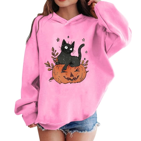 Gamivast Halloween Cat Graphic Hoodies for Girls Cute Pumpkin Print Long Sleeve Pullover Sweatshirts Spooky Season Fall Casual Novelty Hooded Tops with Pockets Pink 5 Years