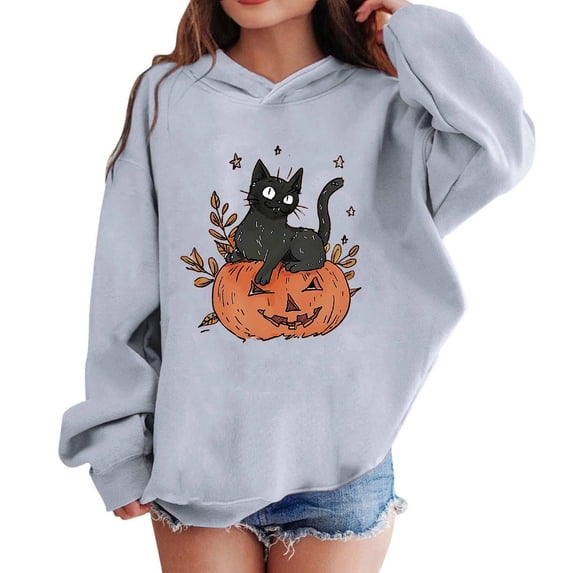 Gamivast Halloween Cat Graphic Hoodies for Girls Cute Pumpkin Print Long Sleeve Pullover Sweatshirts Spooky Season Fall Casual Novelty Hooded Tops with Pockets Gray 5 Years