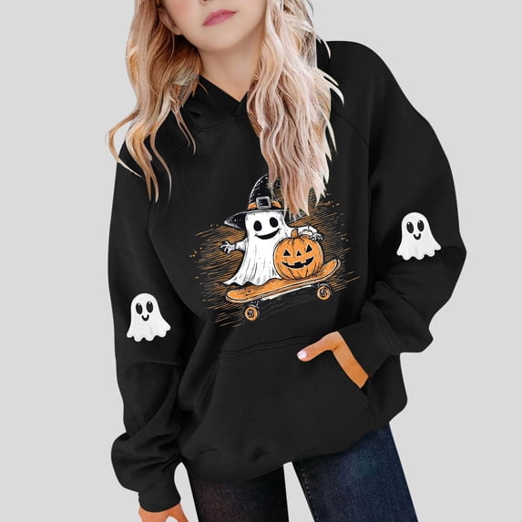 Gamivast Halloween Ghost Graphic Hoodies for Girls Long Sleeve Pullover Sweatshirts Spooky Skateboard Pumpkin Print Fall Winter Casual Hooded Tops with Pocket Black 7 Years