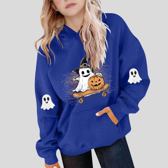 Gamivast Halloween Ghost Graphic Hoodies for Girls Long Sleeve Pullover Sweatshirts Spooky Skateboard Pumpkin Print Fall Winter Casual Hooded Tops with Pocket Blue 14 Years