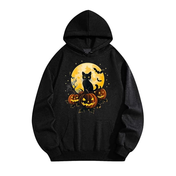 Gamivast Halloween Graphic Hoodies for Women Black Cat Sitting On Pumpkins Under Full Moon Print Long Sleeve Pullover Sweatshirts Casual Fall Tops Jumper Wear Black L