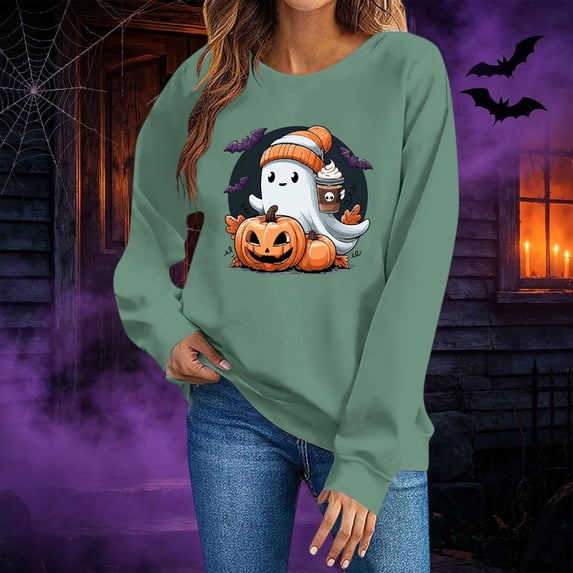 Gamivast Halloween Graphic Sweatshirts for Women Cute Ghost with Coffee and Pumpkin Print Long Sleeve Pullover Fall Tops Lightweight Comfortable Crewneck Casual Jumper Green L