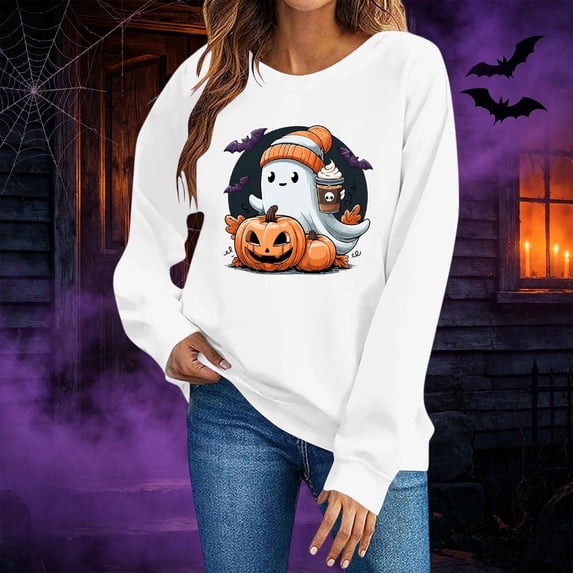Gamivast Halloween Graphic Sweatshirts for Women Cute Ghost with Coffee and Pumpkin Print Long Sleeve Pullover Fall Tops Lightweight Comfortable Crewneck Casual Jumper White M
