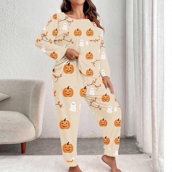 Gamivast Halloween Loungewear Sets for Women Plus Size Autumn Pumpkin and Vine Print Long Sleeve Pullover Tops with Long Pants Casual Sleepwear Pajamas Orange XXXXL