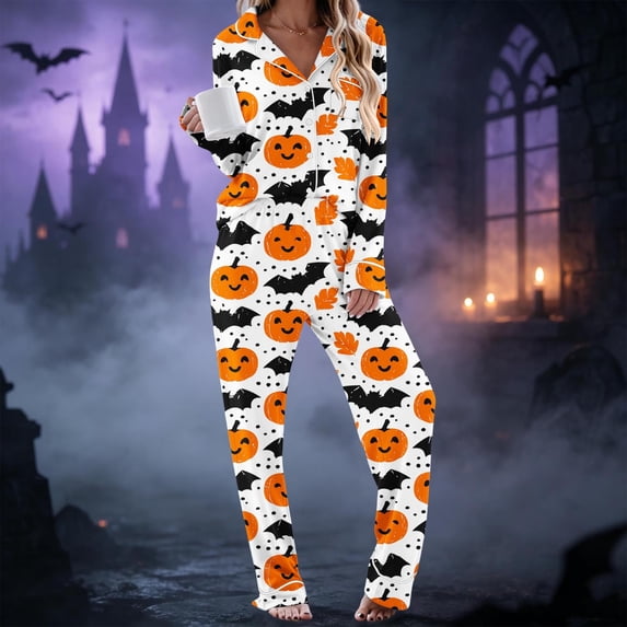 Gamivast Halloween Pajama Set for Women Long Sleeve Button Down Sleepwear Tops and Lounge Pants 2 Piece Pjs Set Lightweight Comfortable Spooky Pumpkin Bat Print Wear Multicolor XXXL
