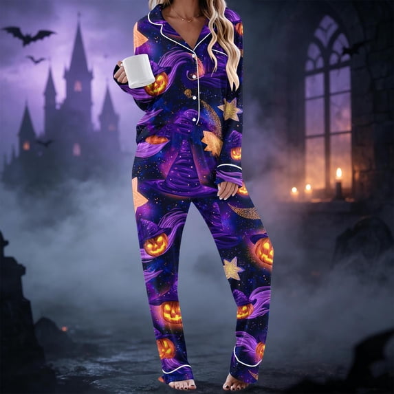 Gamivast Halloween Pajama Set for Women Long Sleeve Button Down Sleepwear Tops and Lounge Pants 2 Piece Pjs Set Lightweight Comfortable Spooky Pumpkin Bat Print Wear Multicolor S