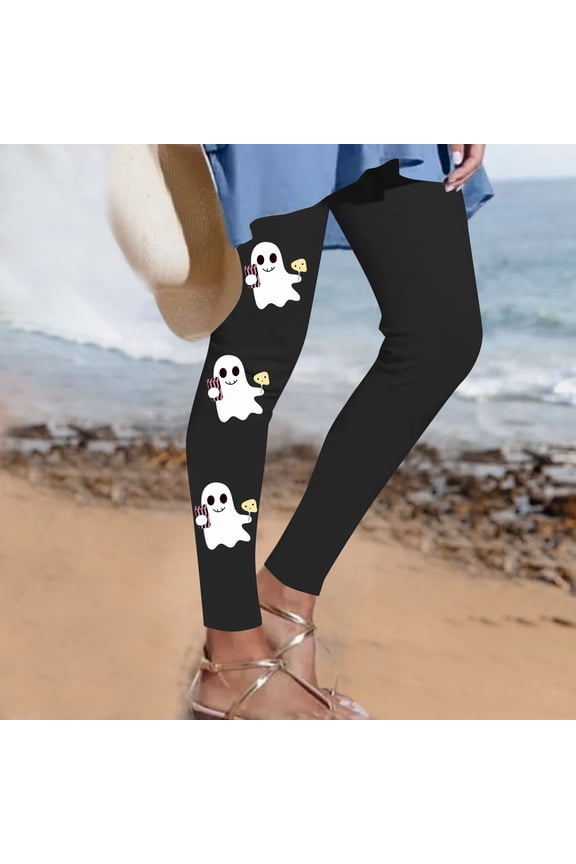 Halloween Pants for Women Ghost Printed Leggings Lounge Fitted High Waisted Trousers Lightweight Breathable Straight Leg Sweatpants Fall Fashion Pant