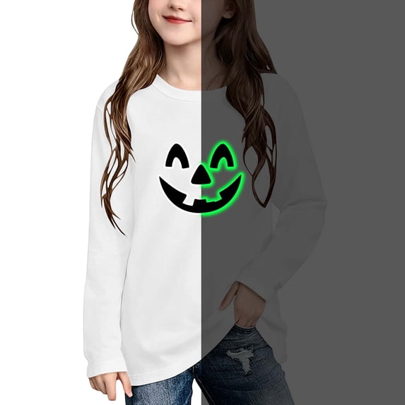 Gamivast Halloween Spooky Pumpkin Graphic T-Shirts for Kids Long Sleeve Crewneck Casual Fall Tops Toddler Boys Girls Novelty Holiday Party Pullover Shirts Apparel White 5 Years