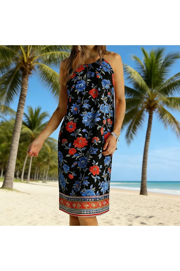 Halter Dresses for Women Sleeveless Crew Neck Floral Summer Dresses Boho Beach Dress Tribal Border Print Shift Knee Length Vacation Daily Party