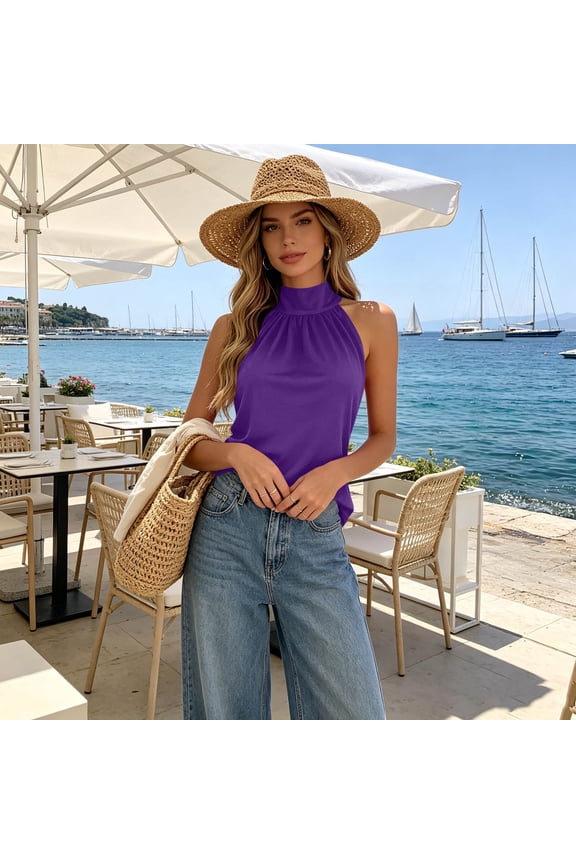 Halter Neck Tank Tops for Women Sleeveless Mock Turtleneck Blouses Casual Summer Pleated Tunic Shirts Elegant Dressy Work Office Wear Purple S