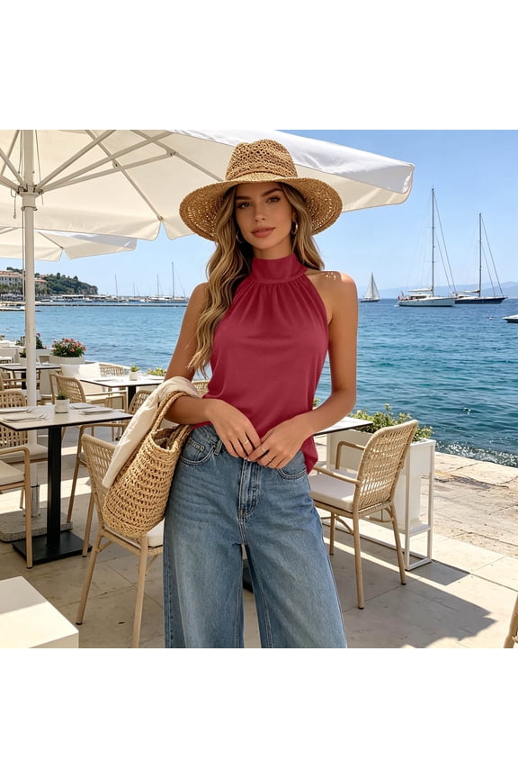 Halter Neck Tank Tops for Women Sleeveless Mock Turtleneck Blouses Casual Summer Pleated Tunic Shirts Elegant Dressy Work Office Wear Wine S