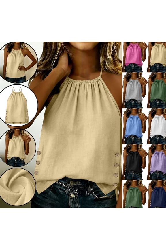 Halter Tops for Women Side Button Solid Halter Neck Loose Fit Flowy Tank Tops Lightweight Detail Sleeveless Summer Tops for Vacation Going out Wear outfits