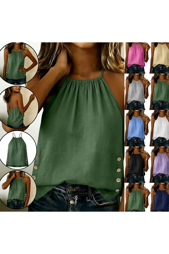 Halter Tops for Women Side Button Solid Halter Neck Loose Fit Flowy Tank Tops Lightweight Detail Sleeveless Summer Tops for Vacation Going out Wear outfits