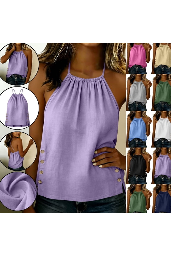 Halter Tops for Women Side Button Solid Halter Neck Loose Fit Flowy Tank Tops Lightweight Detail Sleeveless Summer Tops for Vacation Going out Wear outfits