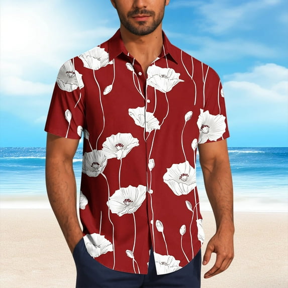 Gamivast Hawaiian Shirt for Men Fashion Print Short Sleeve Tops Summer Button Down Shirts Beach Vacation Summer Shirt Red XXXXL Mens Placed by Me to be Delivered