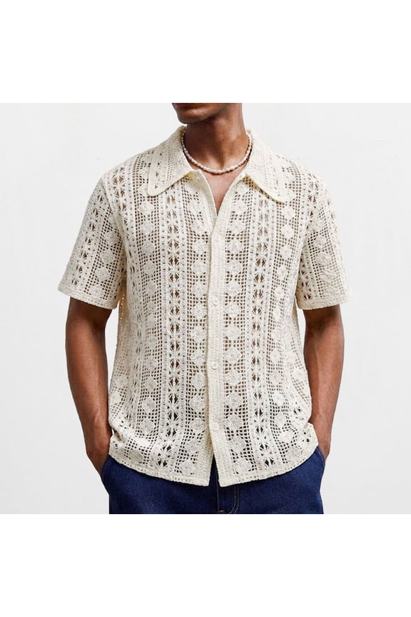 Hawaiian Shirts for Men Crochet Hollow Out Short Sleeve Casual Shirts Breathable Boho Tee Shirts Retro Striped Button Down Beach Vacation Top