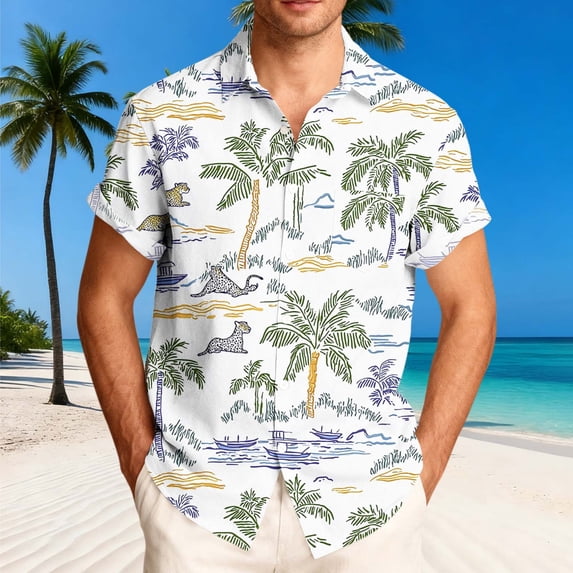 Gamivast Hawaiian Shirts Sunrise Palm Tree Graphic Beach Shirts Button Down Short Sleeve Casual Shirts Lightweight Soft Breathable Summer Travel