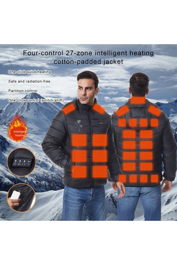 Heated Work Jackets for Men Hooded Lightweight 27 Heating Zones and 3 Control Quilted Jackets Printed Zip up Washable Puffer Coats Rechargeable Thermal with Pockets no Power Bank