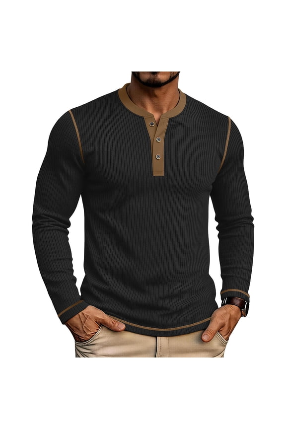 Henley Shirts for Men Long Sleeve Ribbed Knit Casual Tees with Contrast Button Placket Slim Fit Pullover Tops Basic Lightweight T-Shirts for Fall Everyday Lounge