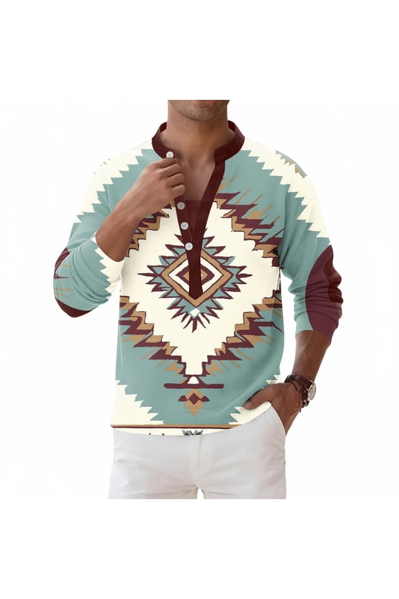 Henley Shirts for Men Long Sleeve Vintage Style Slim Fit Button V-Neck Western Shirts Retro Long Sleeve Tee Shirts Aztec Geometric Print