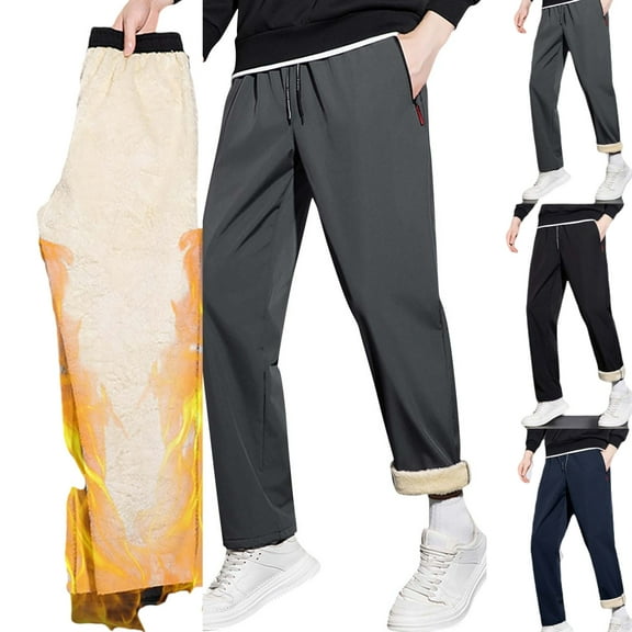 Gamivast Hiking Pants Men Warm Fleece Lined Pants with Zipper Pockets Loose Drawstring Elastic Waist Activewear Sweatpants Winter Outdoor Straight Leg Trousers