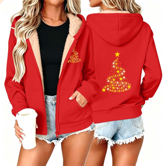 Gamivast Holiday Festive Hoodie for Women Zip up Starry Christmas Tree Graphic Sherpa Lined Sweatshirt Winter Warm Fleece Jacket Coat