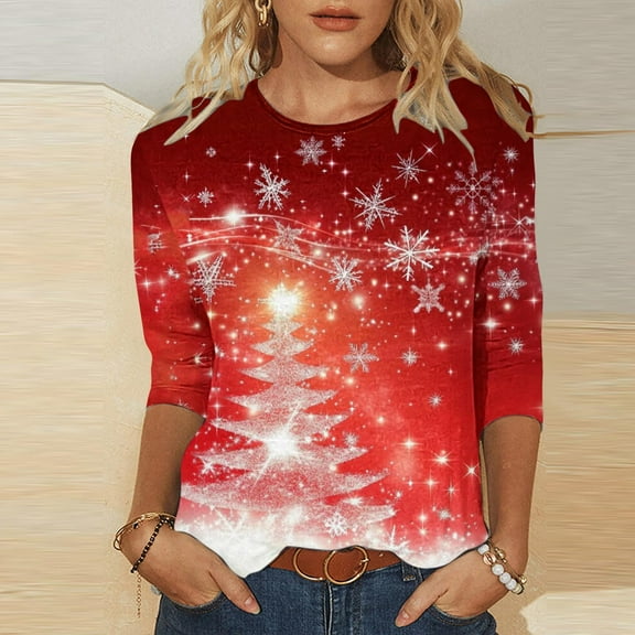 Gamivast Holiday Tops for Women Dressy Plus Size Crew Neck Santa Claus Graphic Tees Casual 3/4 Sleeve T Shirts Cute Holiday Xmas Trees Tops Fashion Trendy Party Blouses