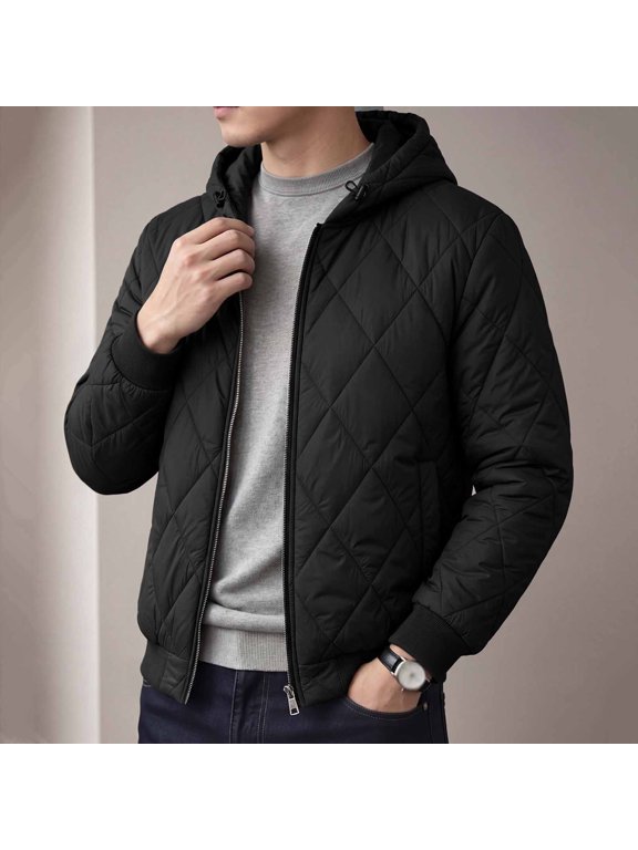 Hooded Jacket for Men Quilted Full Zip Lightweight Long Sleeve Outerwear with Adjustable Hood Ribbed Cuffs and Hem for Casual Outdoor Travel Fall Winter Black XXL