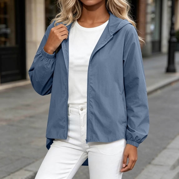 Gamivast Hooded Jacket for Women Windbreaker Lightweight Zip Up Rain Coat Casual Outdoor Activewear High Low Hem Fall Spring Outerwear Travel Hiking Pockets Sky Blue M