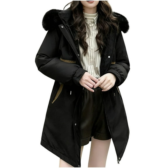 Gamivast Hooded Parka Jacket Women Detachable Collar Oversized Long Sleeve Zip up Fleece Lined Coats with Pockets Winter Warm Button Down Outerwear with Belt