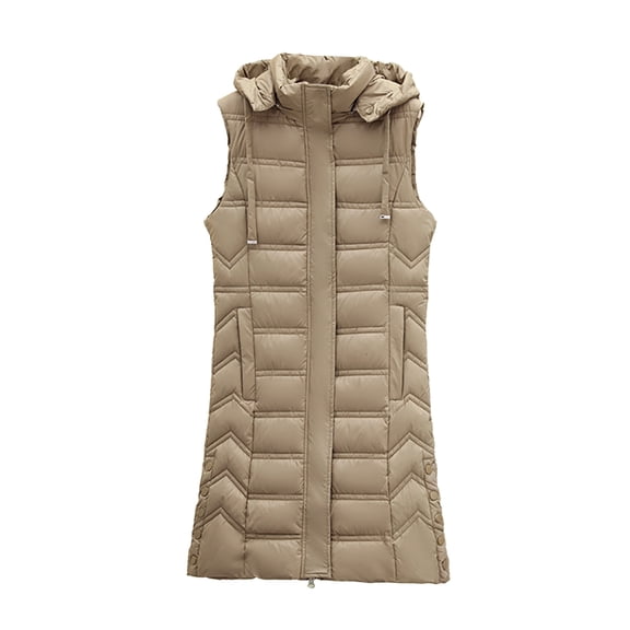 Gamivast Hooded Quilted Jackets for Women Long Sleeveless Zip up Stand Collar Winter Jackets Casual Drawstring Button Warm Coat with Pockets Trendy Side Split Outerwear Winter Clothes for Women