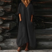 Gamivast House Dress for Women Loose Maxi Dresses V-Neck Long Sleeve Casual Dresses Dual Big Pockets Solid Color Comfortable Lounge Travel