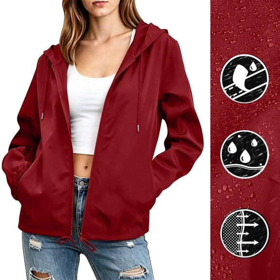 Gamivast Jacket for Women Zip up Hooded Raincoat Water Resistant Lightweight Windbreaker Fall Spring Casual Outerwear with Pockets for Running Outdoor Wine S