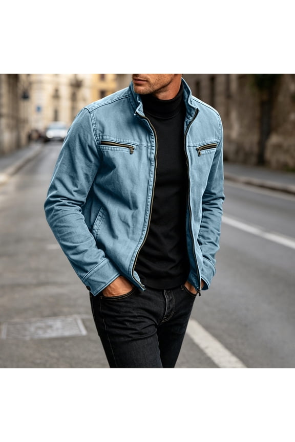 Jacket for Men Military Field Long Sleeve Stand Collar Full Zip Windbreaker Casual Relaxed Fit Outdoor Work Coat with Pockets Blue XXL