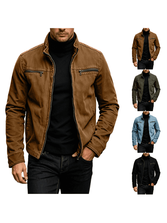 Jacket for Men Military Field Long Sleeve Stand Collar Full Zip Windbreaker Casual Relaxed Fit Outdoor Work Coat with Pockets Brown XXL