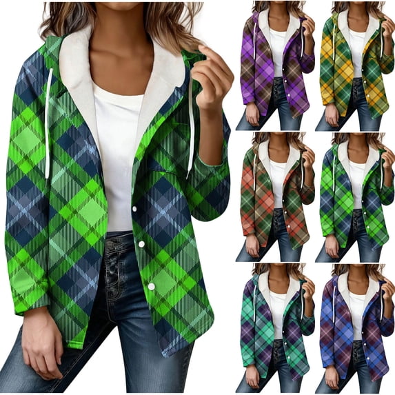 Gamivast Jackets for Women Plaid Oversized Button Down Hooded Shacket Jacket Spring Fashion Long Sleeve Casual Coats with Chest Pocket Trendy Outerwear 2026