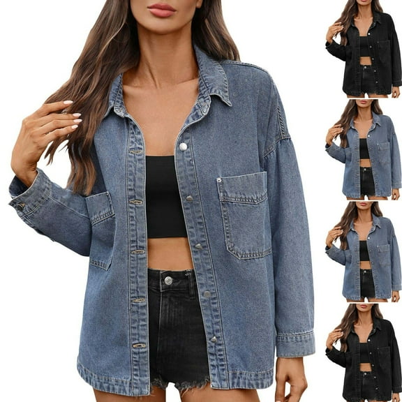 Gamivast Jean Jackets Women Oversized Denim Button Down Long Sleeve Shirts with Pockets Trendy Lapel Collar Casual Coat Fall Fashion Winter Clothes Outfit 2025