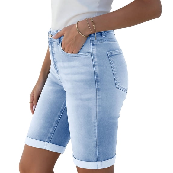 Gamivast Jean Shorts for Women Stretchy Mid Rise Slim Fit with Pockets Denim Shorts with Pockets Button-Fly Waist Long Shorts Casual Summer Wear Soft Stretch Outfits