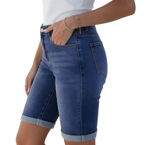 Gamivast Jean Shorts for Women Stretchy Mid Rise Slim Fit with Pockets Denim Shorts with Pockets Button-Fly Waist Long Shorts Casual Summer Wear Soft Stretch Outfits