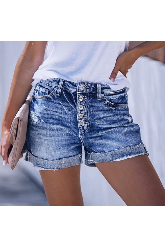 Jean Shorts for Women Distressed High Waisted Denim Shorts Button Fly Cuffed Hem Short Length Casual Summer Stretchy Jean Shorts Daily Wear