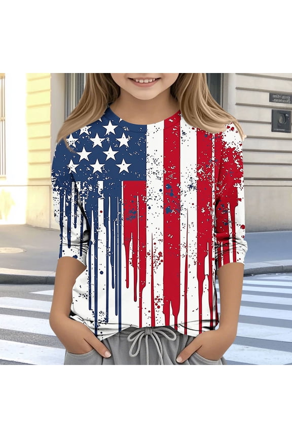 July 4Th Shirts for Kids Star Wave Print Crew Neck 3/4 Sleeve Graphic Tees Patriotic Tops Loose Fit Girls Tops Holiday Party Daily School Wear outfits