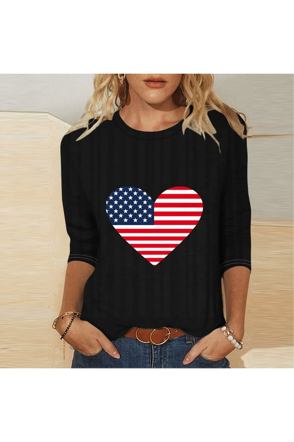 July 4th Shirts women Shirts for Women 3/4 Sleeve Tops Patriotic Graphic Tee USA American Flag Blouses Crewneck Holiday Party Casual Summer T-Shirts