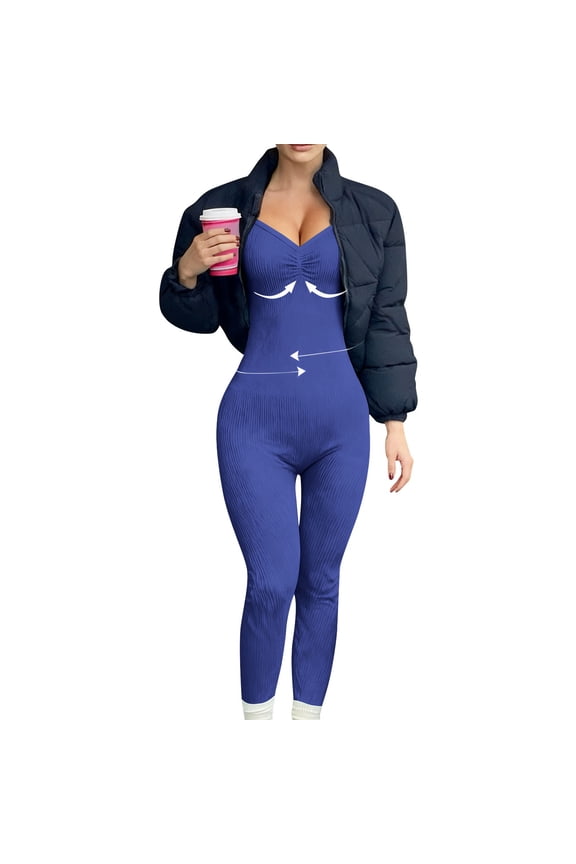 Jumpsuit for Women Yoga Tummy Control Butt Lifting Running one Piece V Neck Ribbed Stretchy Soft Workout Jumpsuits Trendy Active Wear