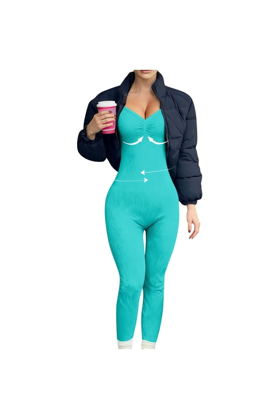 Jumpsuit for Women Yoga Tummy Control Butt Lifting Running one Piece V Neck Ribbed Stretchy Soft Workout Jumpsuits Trendy Active Wear