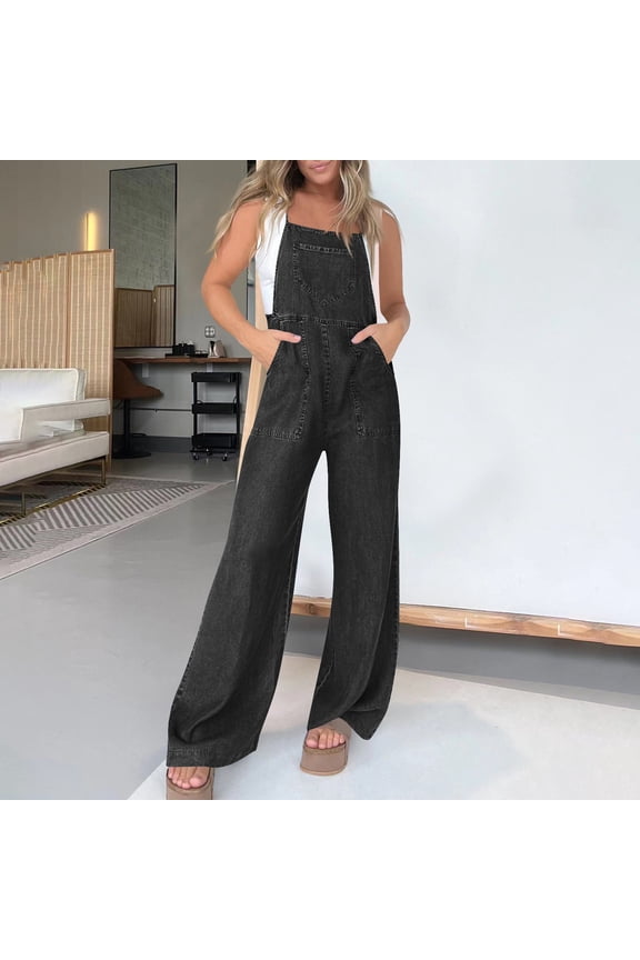 Jumpsuits for Women Denim Loose Casual Sleeveless Jumpsuit with Pockets Baggy Wide Leg Cargo Jean Overalls Casual Adjustable Straps Fall Trendy Pants Y2K Barrel Pant